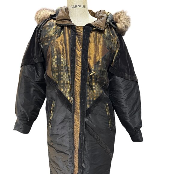 Vintage 1980s Braetan Patchwork Winter Coat with Faux Fur Hood – Size S - Picture 1 of 8